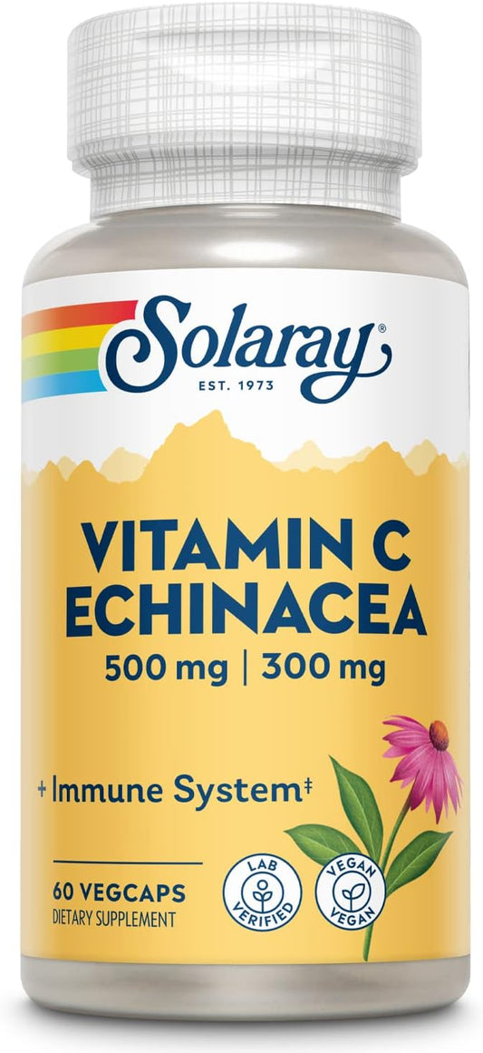 Solaray Vitamin C & Echinacea Root | Healthy Immune System Support w/ 500 mg VIT C & 300 mg Echinacea Per Capsule | Non-GMO & Vegan | 60 VegCaps