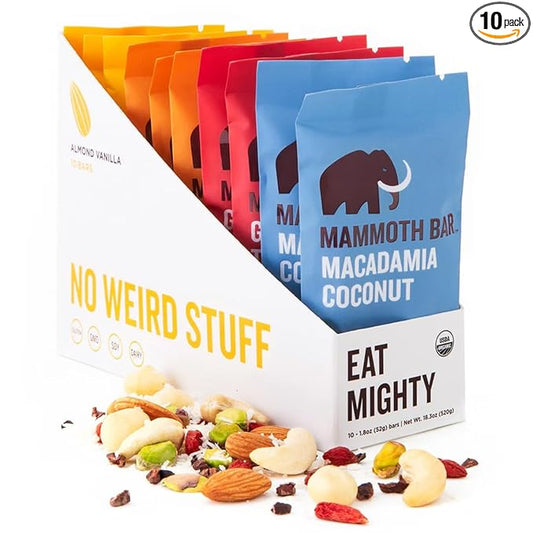 Mammoth Bar Variety Pack – 10 Organic Protein Bars – Prebiotic • Paleo • Gluten Free • Egg Protein • GMO Free • Raw • Premium Nuts