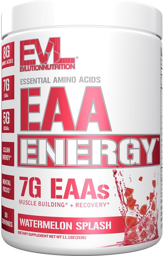 Evlution Nutrition EAA Energy - Pre & Post Workout Powder - Muscle Building & Recovery Supplement - 7g Essential Amino Acids + 5g BCAAs - Clean Energy - With Caffeine - 30 Servings - Watermelon Splash