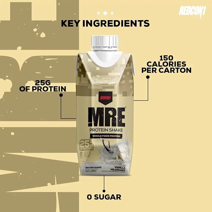 REDCON1 MRE Ready to Drink Protein Shakes, Vanilla Milkshake - Protein Drinks with Whole Food Sources - Sugar Free RTD Shake Formulated to Fuel Athletes at Any Time (4 Pack)