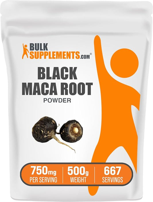 BulkSupplements Black Maca Powder - Maca Supplement, from Black Maca Root - Black Raw Maca, for Men & Women - Vegan, Gluten Free, 750mg per Serving, 500g (1.1 lbs) (Pack of 1)