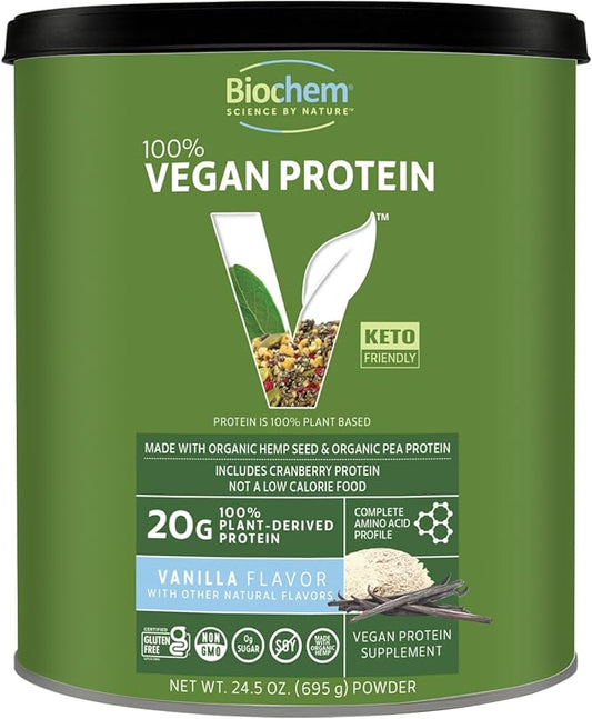 Biochem Vegan Protein Powder, 20g Pure Plant-Based Protein per Serving, Organic Pea, Hemp & Cranberry, Soy-Free, Gluten-Free, Vanilla, 1.5 lb