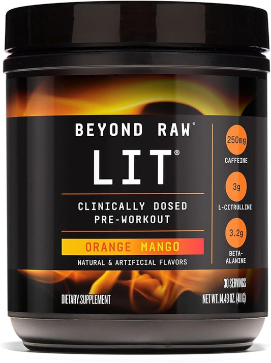 BEYOND RAW LIT PreWorkout Powder Supplement for Men and Women, Energy, Focus, Endurance, Pumps, Nitric Oxide Boost, 250mg Caffeine, Creatine, Beta Alanine, Orange Mango, 30 Servings