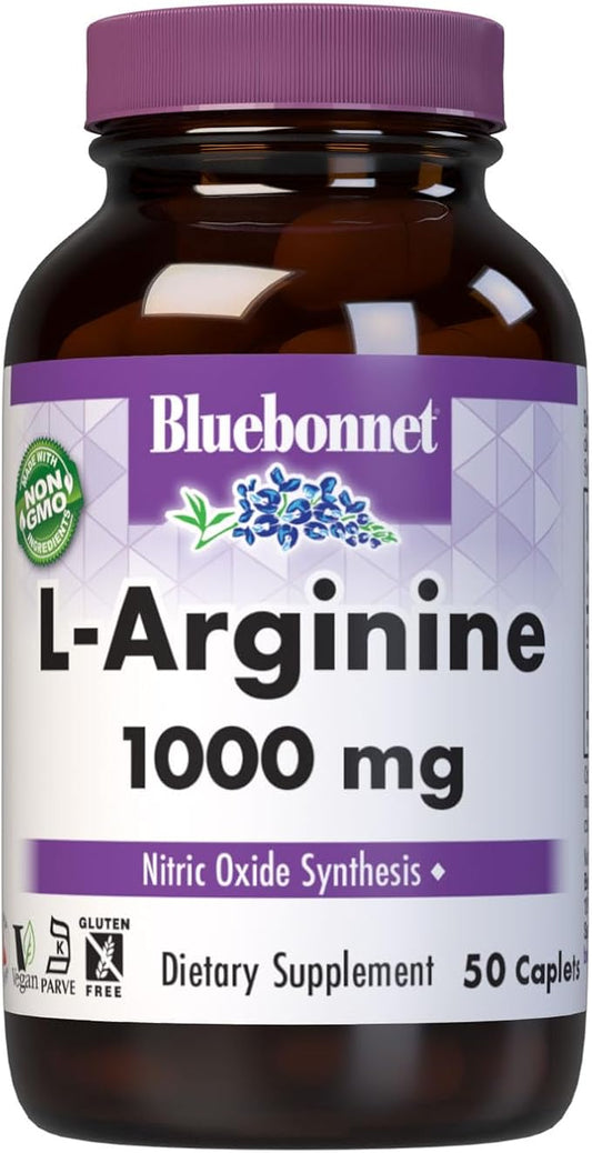 Bluebonnet Nutrition L-Arginine 1000mg, Free-Form Amino Acid, Nitric Oxide Precursor, Gluten-Free, Non-GMO, Kosher Certified, Vegan, 50 Caplets, 50 Servings