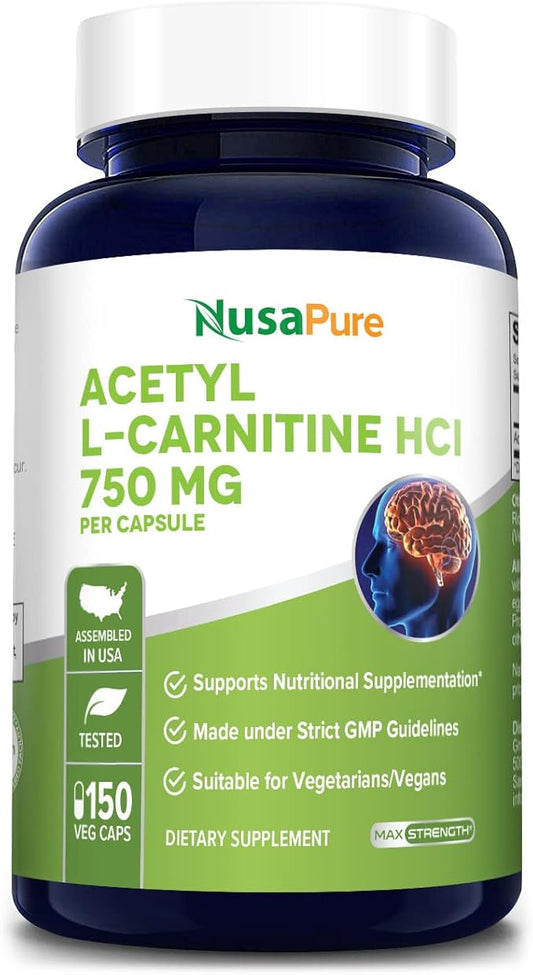 NusaPure Acetyl L-Carnitine 750mg per Caps 150 Veggie Capsules (Non-GMO, Gluten Free) High Potency Acetyl L Carnitine HCL (ALCAR)