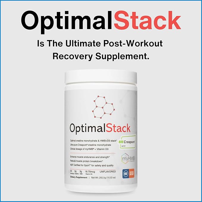 OptimalStack Creatine Monohydrate, HMB, & Vitamin D3 Stack | with Creapure Creatine, Clinical Dosage of myHMB, and Vitamin D3 | NSF for Sport Certified | Unflavored, 30 Servings