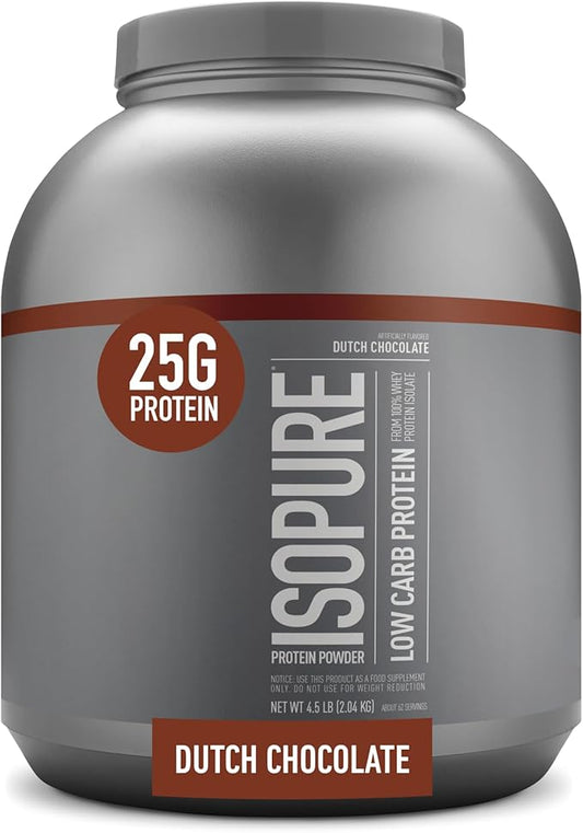 Isopure Low Carb 100% Pure Whey Isolate Protein Powder, Lactose Free, Gluten Free, With Vitamins, Dutch Chocolate, 25g Protein Per Serving, 4.5 Lbs, 62 Servings