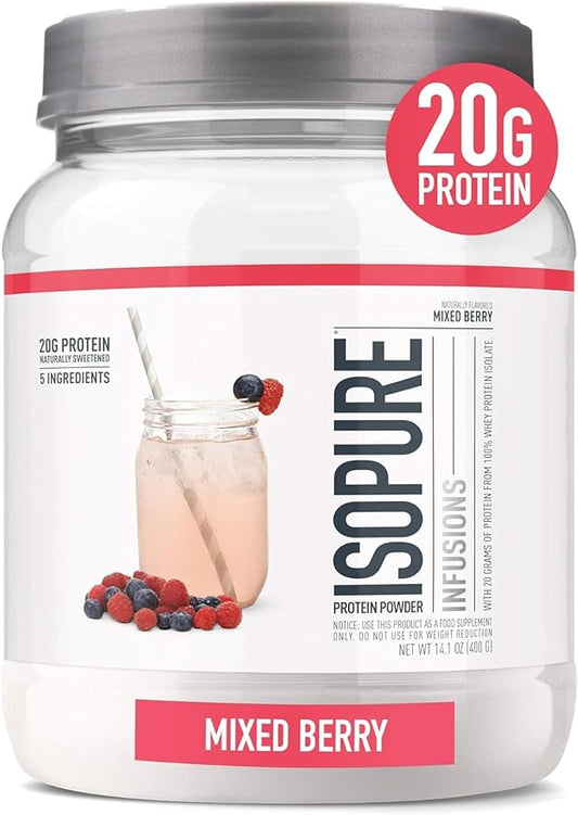 Isopure Clear Whey Isolate Protein Powder Infusions, Lactose Free, Gluten Free, Naturally Flavored, Mixed Berry, 20g Protein Per Serving, 14.1 Oz, 16 Servings