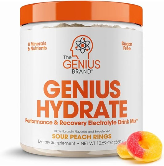 The Genius Brand - Genius Hydrate Powder Drink Mix Sour Peach Rings 50 Servings Electrolyte Hydration Booster Supplement with Coconut Water Potassium Magnesium Zinc Sugar Free No Artificial Sweetener