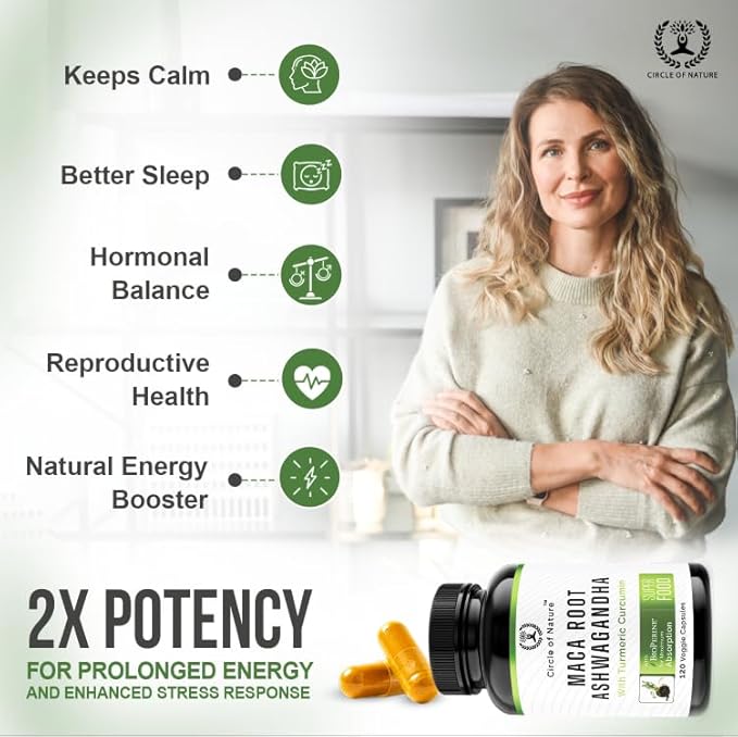 Maca Root, Ashwagandha Root Extract, Capsules for Men & Women with Turmeric Curcumin and Bioperine 120 Capsules Made in USA