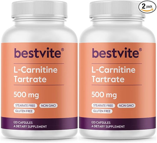 BESTVITE L-Carnitine Tartrate 500mg per Capsule (240 Capsules)(120x2) - No Stearates - Non GMO - Gluten Free