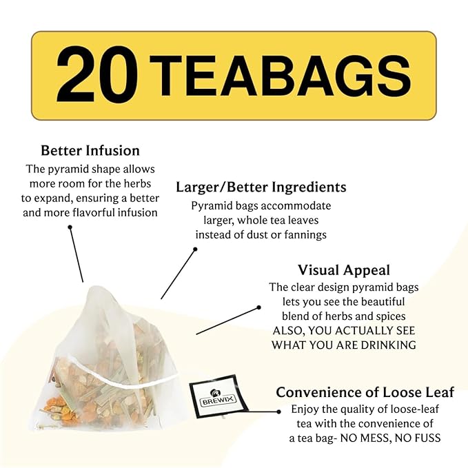 BREWIX, Turmeric Ashwagandha Herbal Tea Bags (20 Pyramid Tea Bags) Real Ingredients From India, Caffeine Free & Naturally Gluten Free | 100% Pure Herbal Blend Packed in Resealable Ziplock Pouch