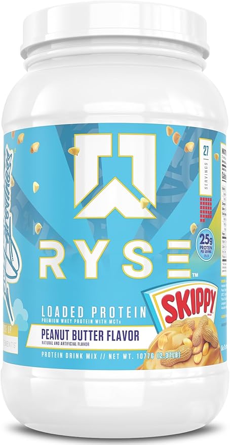 Ryse Loaded Protein Powder - Skippy Peanut Butter - 25g Whey Protein Isolate & Concentrate with Prebiotic Fiber & MCTs - Low Carb, Low Sugar, Digestive-Friendly - 27 Servings / 2 lb Tub