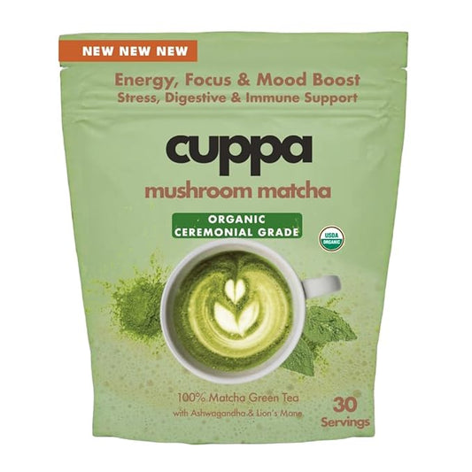 Cuppa Healthy Mushroom Matcha with Lion's Mane & Ashwagandha for All Day Energy & Focus - No Crash or Jitters - Nootropics for Brain Health, Gut Health, Immunity, Stress, Memory + Mood (30 Servings)
