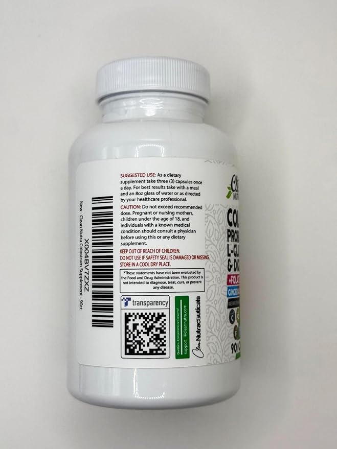 Clean Nutraceuticals Colostrum Supplement Capsules Probiotics Pills Prebiotics, L-Glutamine, Digestive Enzymes, Folate, Fiber, ACV, Turmeric, Apple Pectin and Turmeric Good Gut