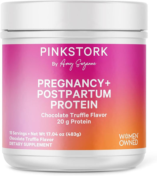 Pink Stork Pregnancy and Postpartum Protein Powder - 20 g Chocolate Whey and Collagen Protein - Prenatal, Postnatal & Lactation Support, Breastfeeding Essentials - 15 Servings