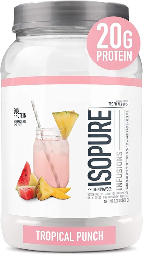 Isopure Clear Whey Isolate Protein Powder Infusions, Lactose Free, Gluten Free, Naturally Flavored, Tropical Punch, 20g Protein Per Serving, 1.9 Lbs, 36 Servings