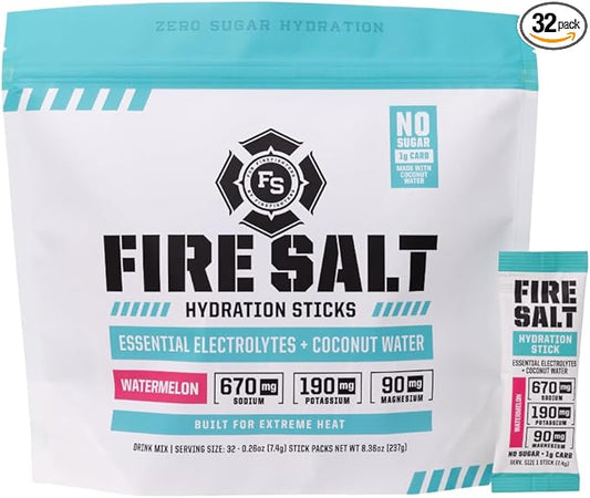 Fire Science Fire Salt Hydration Sticks, Electrolytes & Coconut Water, Hydration Drink Mix with Magnesium, Potassium & Sodium, Zero Sugar, Single Serve On The Go Packs, Watermelon Flavor, 32 Count
