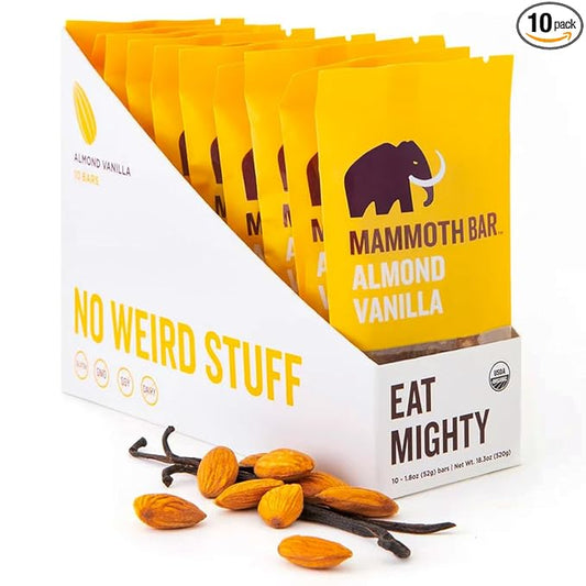 Mammoth Bar Almond Vanilla Bar - 10 Organic Protein Bars – Prebiotic • Paleo • Gluten Free • Egg Protein • GMO Free • Raw • Premium Nuts