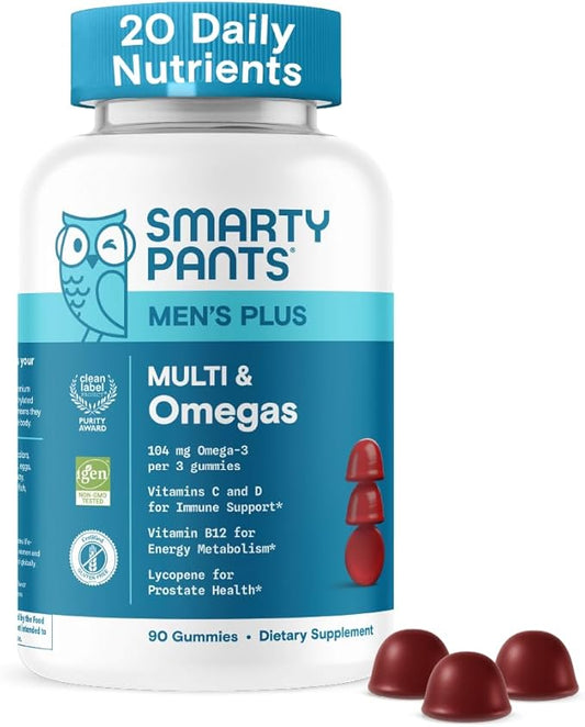 SmartyPants Men's Multivitamin Gummies - Improved Formula: Omega 3 (DHA/EPA), Methylfolate, Vitamin D3, C, Vitamin B12, B6, Vitamin A, K, Zinc & Selenium, Gluten Free, 90 Count (30 Day Supply)