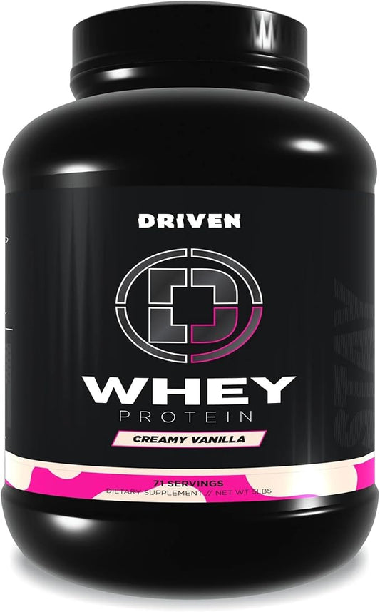 Driven WHEY- Grass Fed Whey Protein Powder: Delicious, Clean Protein Shake- Improve Muscle Recovery with 23 Grams of Protein with Added BCAA and Digestive Enzymes (5 lb, Creamy Vanilla)