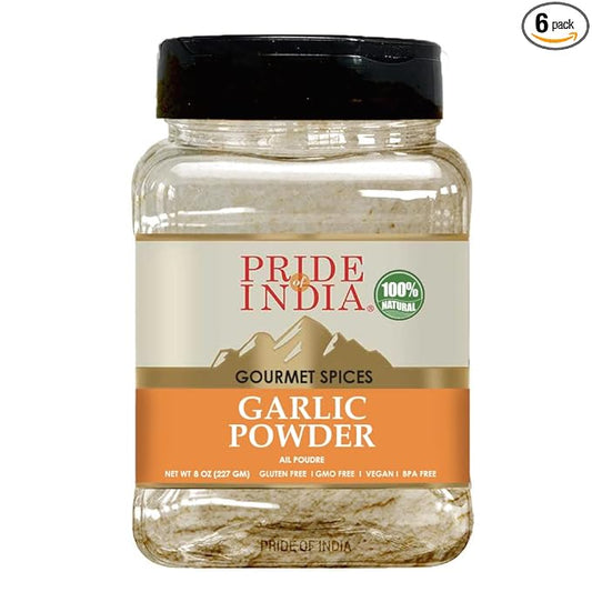 Pride of India - PACK of 6 - Garlic Fine Ground – Gourmet & Culinary Grade – Classic Seasoning to Pasta/Sauces/Dips/Bakes – Easy to Store – 8 oz. Medium Dual Sifter Bottle