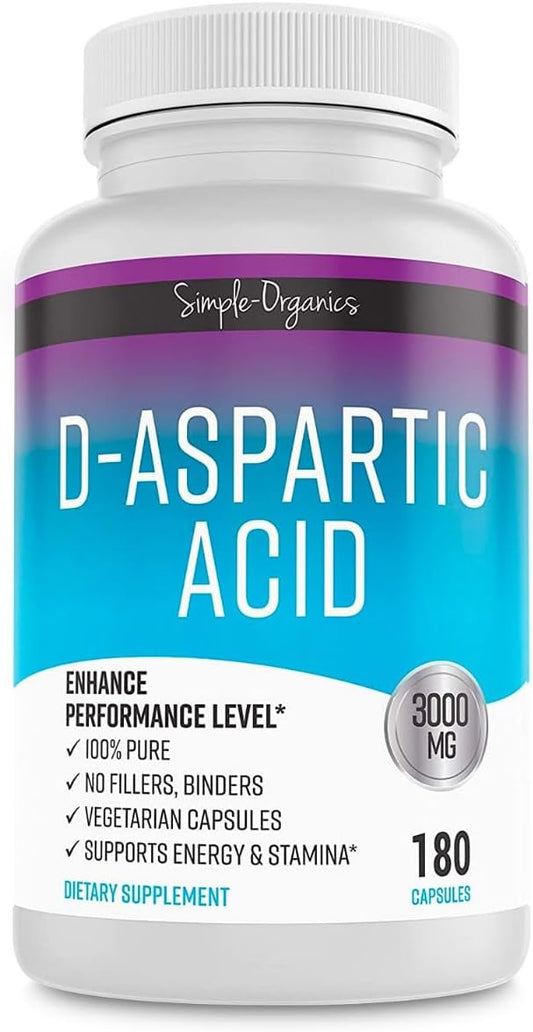D-Aspartic Acid Supplement, No Gluten, Binders or Fillers, Dietary Pills for Energy Support, 3000mg D-Aspartic Acid per Serving, 180 Non-GMO Vegan Capsules