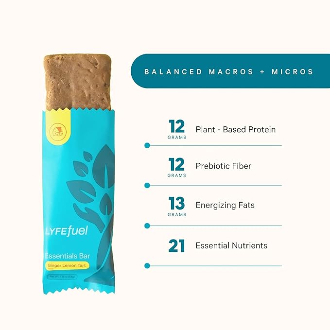 Essential Nutrition Bars by LyfeFuel | Vegan Protein Bar & Low Carb Meal Replacement for Intermittent Fasting and Hunger Control | 12g Plant-Based Protein, High Fiber, MCT Oil and 21 Organic Vitamins | No Sugar Alcohols (Lemon Ginger Tart)