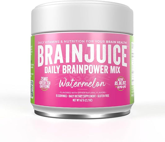 BrainJuice Nootropics Brain Support Supplement, Gluten Free Powder for Energy and Focus, Drink Mix with L Theanine, Alpha GPC, Vitamin B, Organic Green Tea Extract Caffeine, Watermelon, 15 Servings