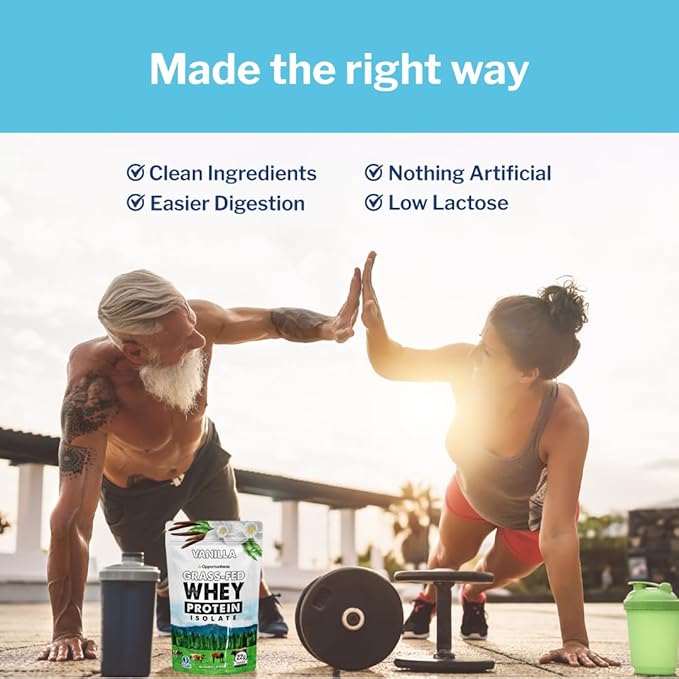 Opportuniteas Grass Fed Vanilla Whey Protein Isolate Powder - 22g Protein Powder Without Artificial Sweeteners, Hormone-Free Cows, Non GMO - 1lb