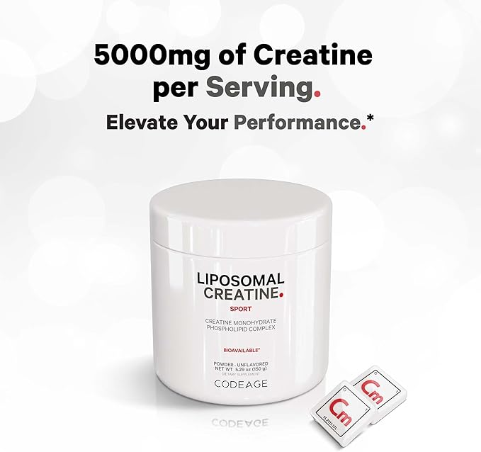 Codeage Liposomal Creatine Powder Supplement, Pure Creatine Monohydrate 5000mg, Pre Workout & Post Workouts - Unflavored Creatine, Micronized Creatine Powder - Creatinine for Sports - 30 Servings