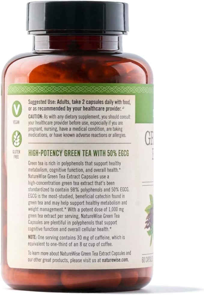 NatureWise Green Tea Extract Capsules 1000 mg - 50% EGCG & 98% Polyphenols - Extra Strength Antioxidants for Heart Health and Energy - Vegan, Gluten Free, Non-GMO - 60 Count[1-Month Supply]