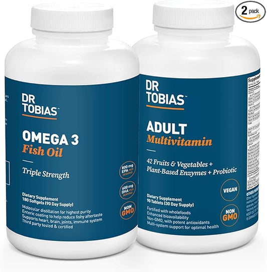 Dr. Tobias Omega 3 Fish Oil and Adult Multivitamin Includes Probiotics and Plant-Based Enzymes Promoting Overall Health - Made with Wholefoods