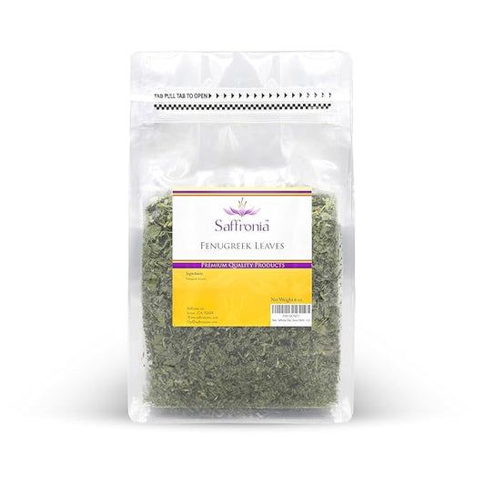 Saffronia Dried Fenugreek Leaves, Vegan Friendly Kasoori Methi, Carefully Packaged In Resealable Bag, Ideal for Mexican, Indian, Mediterranean and Asian Cuisine - 6 Oz (170 g)