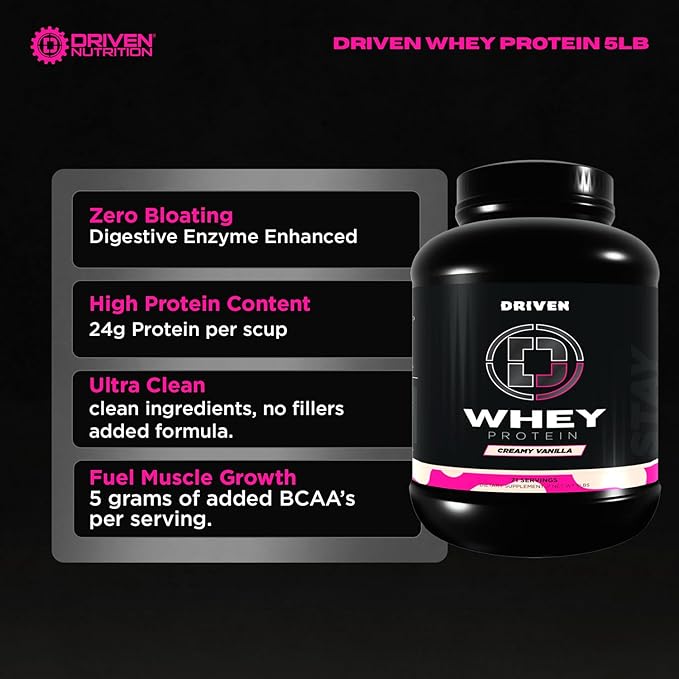 Driven WHEY- Grass Fed Whey Protein Powder: Delicious, Clean Protein Shake- Improve Muscle Recovery with 23 Grams of Protein with Added BCAA and Digestive Enzymes (5 lb, Creamy Vanilla)