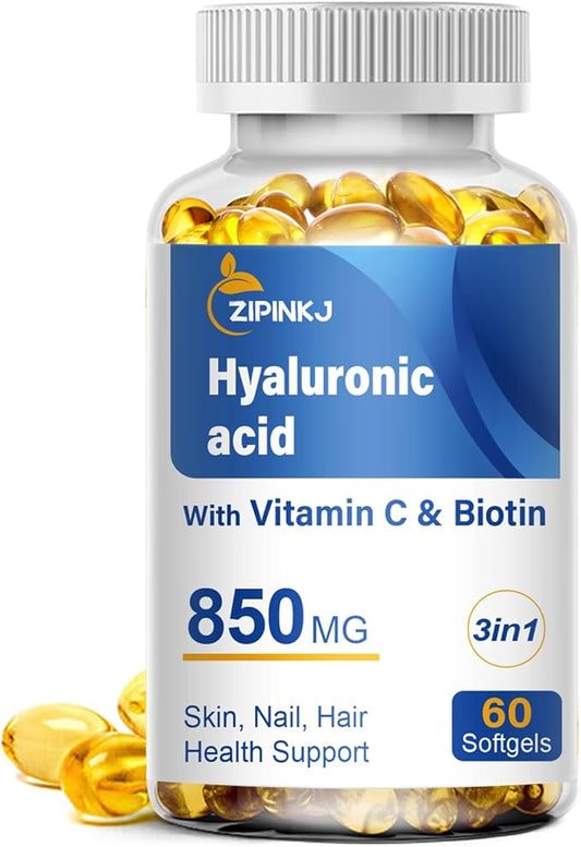 Hyaluronic Acid Supplements 850mg with Biotin 5000mcg & Vitamin C 25mg High Absorption, Skin Hydration, Hair and Nails Health, Non-GMO, Gluten Free, 60 softgels