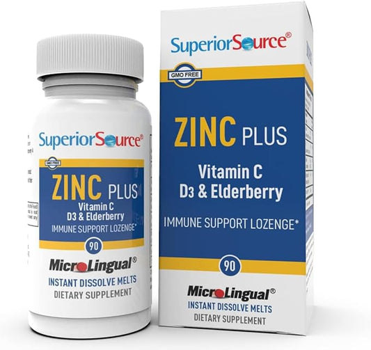Superior Source Zinc Plus - Immune System Health Support Supplement - Vitamin C, Elderberry & Vitamin D3-90 Instant Dissolve Tablets
