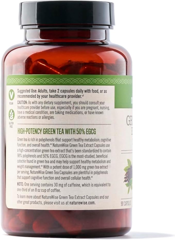 NatureWise Green Tea Extract Capsules 1000 mg - 50% EGCG & 98% Polyphenols - Extra Strength Antioxidants for Heart Health and Energy - Vegan, Gluten Free, Non-GMO - 90 Count[45-Day Supply]