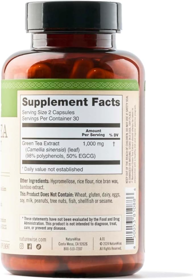 NatureWise Green Tea Extract Capsules 1000 mg - 50% EGCG & 98% Polyphenols - Extra Strength Antioxidants for Heart Health and Energy - Vegan, Gluten Free, Non-GMO - 60 Count[1-Month Supply]
