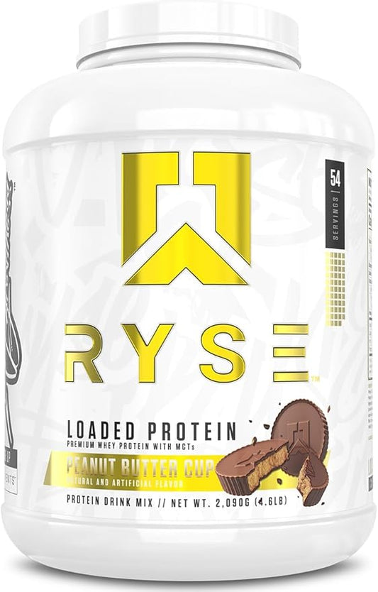 Ryse Loaded Protein Powder - Peanut Butter Cup - 25g Whey Protein Isolate & Concentrate with Prebiotic Fiber & MCTs - Low Carb, Low Sugar, Digestive-Friendly - 54 Servings / 4 lb Tub
