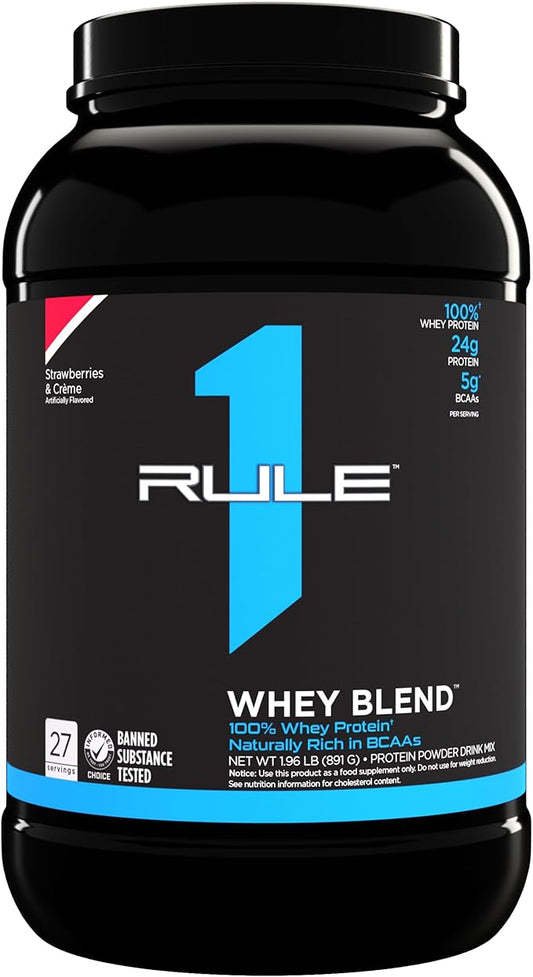 Rule One Proteins, R1 Whey Blend - 24g Fast-Acting Whey Protein Concentrates, Isolates, and Hydrolysates Per Serving, with Naturally Occurring EAAs and BCAAs (2 Pounds*, Strawberries and Crème)