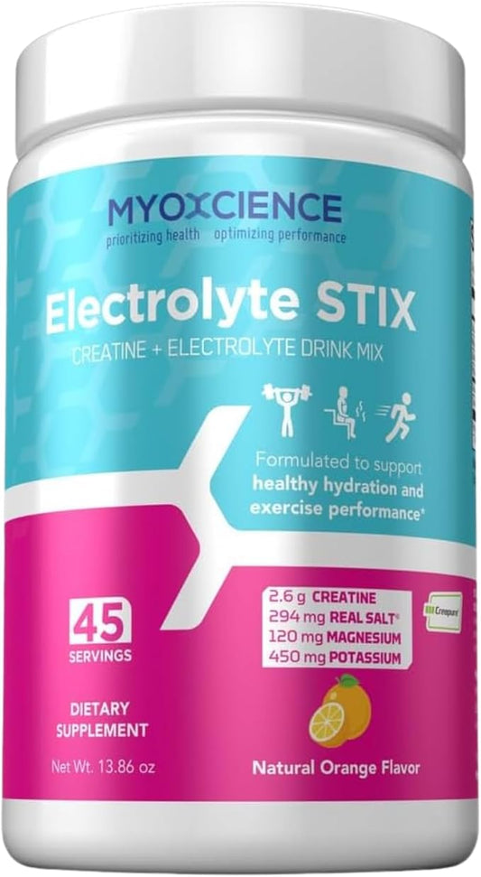 MYOXCIENCE Electrolyte STIX | Creatine Electrolyte Powder | Recovery from Exercise & Muscle Development w/Real Salt (Natural Orange Flavor) (Jar 45 ct)