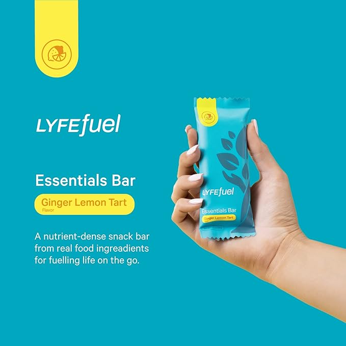 Essential Nutrition Bars by LyfeFuel | Vegan Protein Bar & Low Carb Meal Replacement for Intermittent Fasting and Hunger Control | 12g Plant-Based Protein, High Fiber, MCT Oil and 21 Organic Vitamins | No Sugar Alcohols (Lemon Ginger Tart)