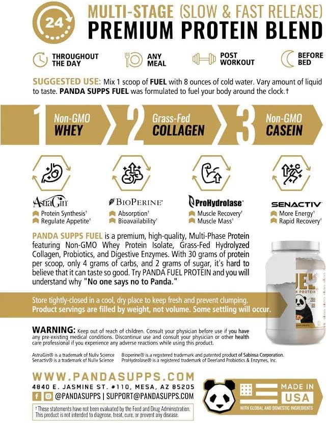 Panda Fuel Premium Protein Non-GMO Whey,Hydrolyzed Collagen,Casein,Probiotics,Digestive Enzymes, Keto Friendly,Time Release, 25 Servings (Cinnamon Toast) (with inclusions)