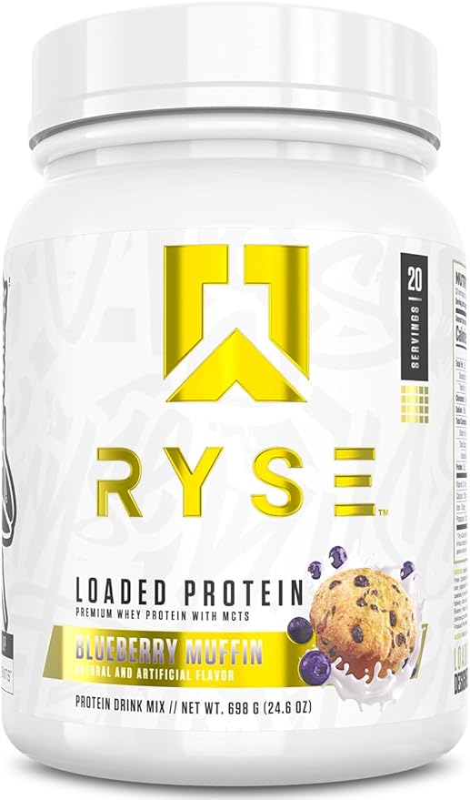 Ryse Loaded Protein Powder - Blueberry Muffin - 25g Whey Protein Isolate & Concentrate with Prebiotic Fiber & MCTs - Low Carb, Low Sugar, Digestive-Friendly - 20 Servings / 1.5 lb Tub