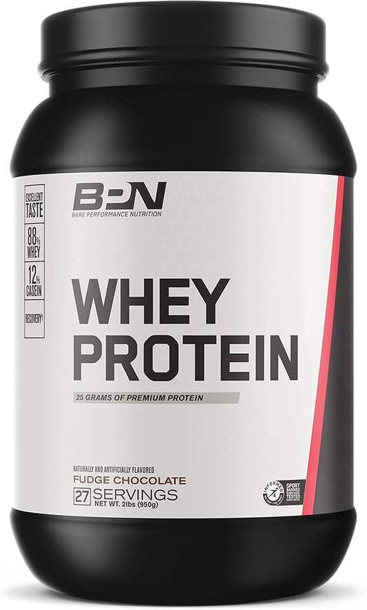 BARE PERFORMANCE NUTRITION, BPN Whey Protein + Casein Protein Powder Blend, Fudge Chocolate, 25g Protein per Serving Supports Lean Muscle Recovery, 27 Servings, Third Party Tested