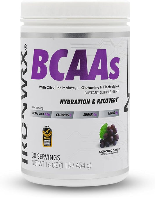 BCAA Powder | Grape Flavor | 30 SERVINGS | Zero Sugar | 2:1:1 Leucine, Valine, and Isoleucine Ratio with Citrulline Malate and L-Glutamine | Muscle Growth, Recovery, and Soreness Support