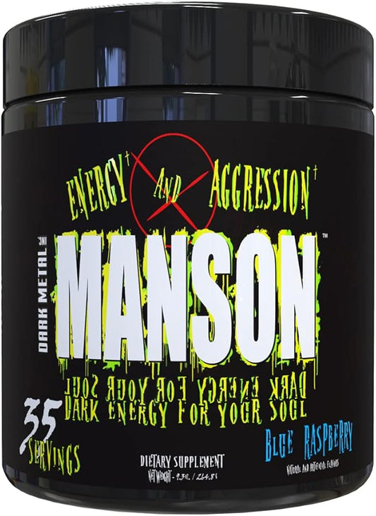 DARK METAL Inc. Manson High Stim Pre Workout Powder, Energy Focus Strength, Loaded with Beta Alanine L-Carnitine Caffeine Infinergy, 35 Srvgs, Blue Raspberry