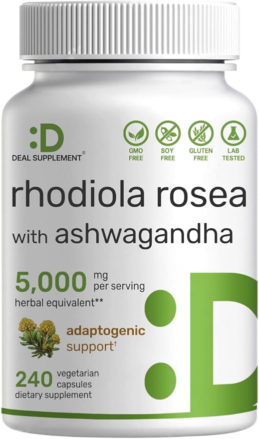 DEAL SUPPLEMENT Rhodiola Rosea with Ashwagandha 5,000mg Per Serving, 240 Veggie Capsules – Max Strength 10:1 Root Extract – Adaptogenic Supplements for Relaxation, Energy, & Brain Health – Non-GMO
