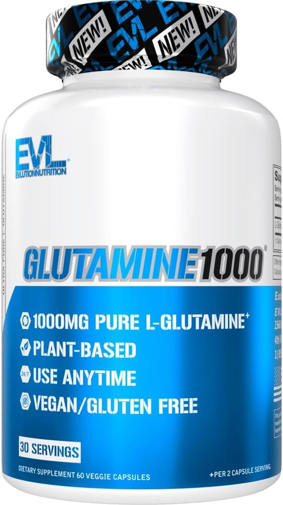 Evlution Nutrition L-Glutamine 1000, 1g Pure L Glutamine Per Serving, Post Workout, Nitrogen Transporter, Immune Support, Vegan, Gluten-Free, Veggie Capsules (30 Servings)